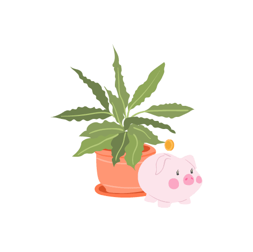 Illustration of a piggy bank next to a plant