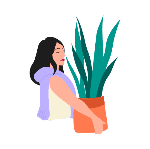 Illustration of a woman carrying a potted plant